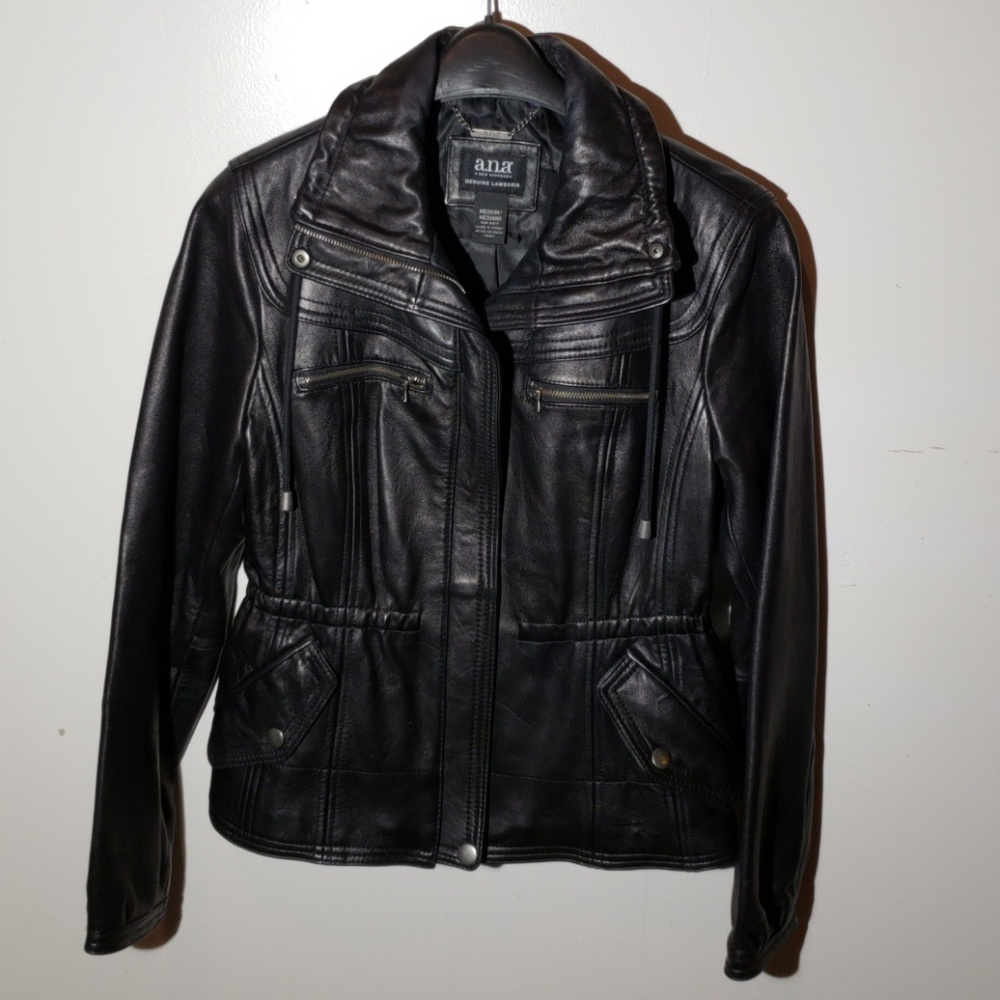 A.N.A Black zip up leather coat size medium